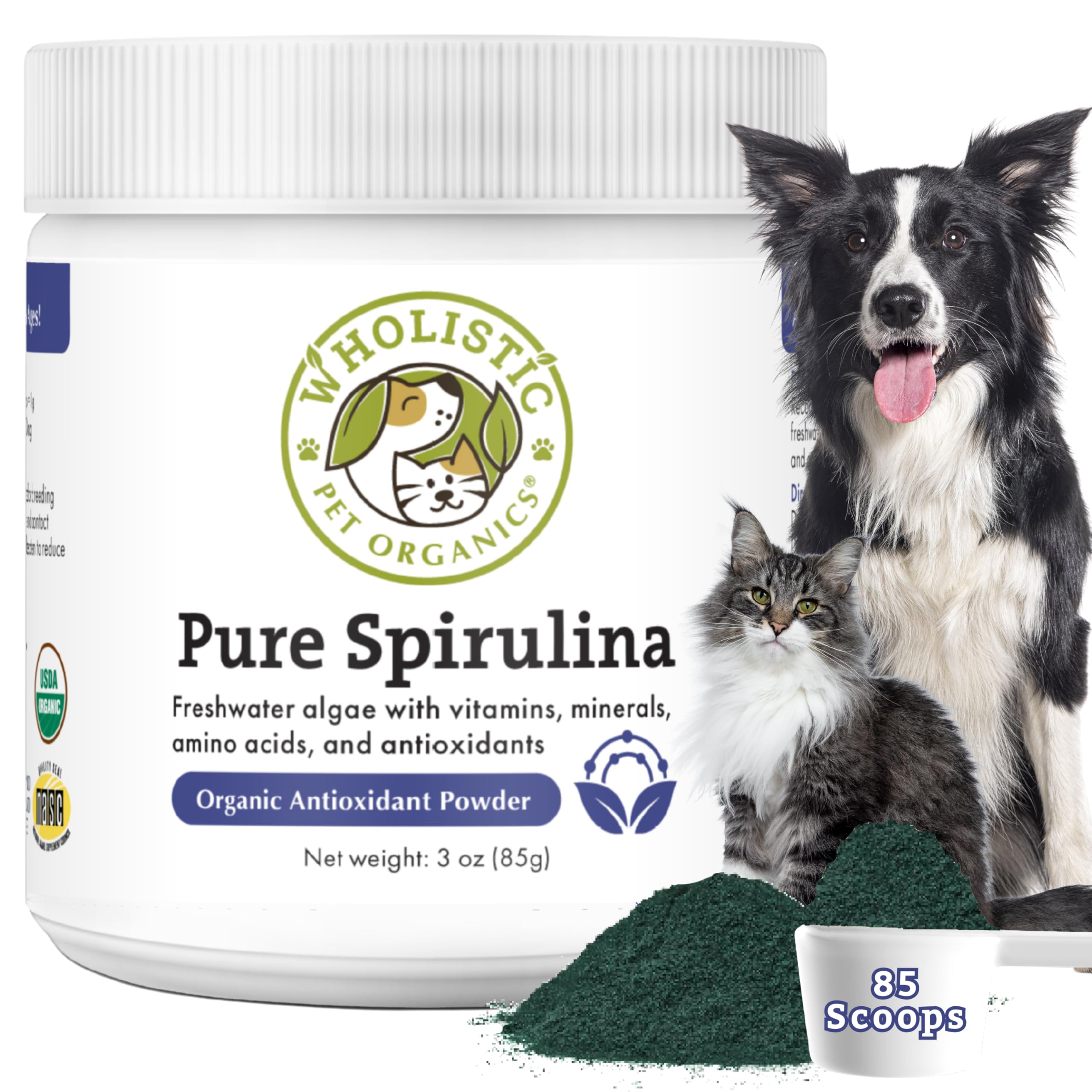Wholistic Pet Organics spirulina powder bottle for daily pet vitality.