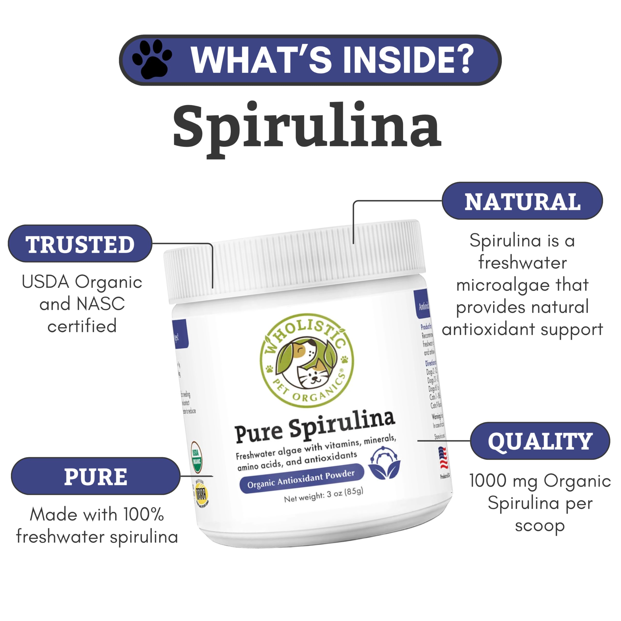 Wholistic Pet Organics spirulina powder beside dog and cat meals for daily nutrition.