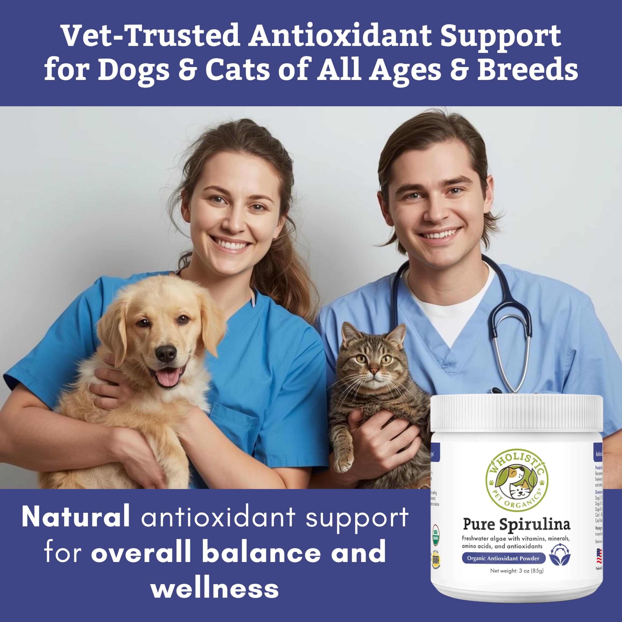 Wholistic Pet Organics spirulina powder eco-packaging emphasizing sustainable sourcing.