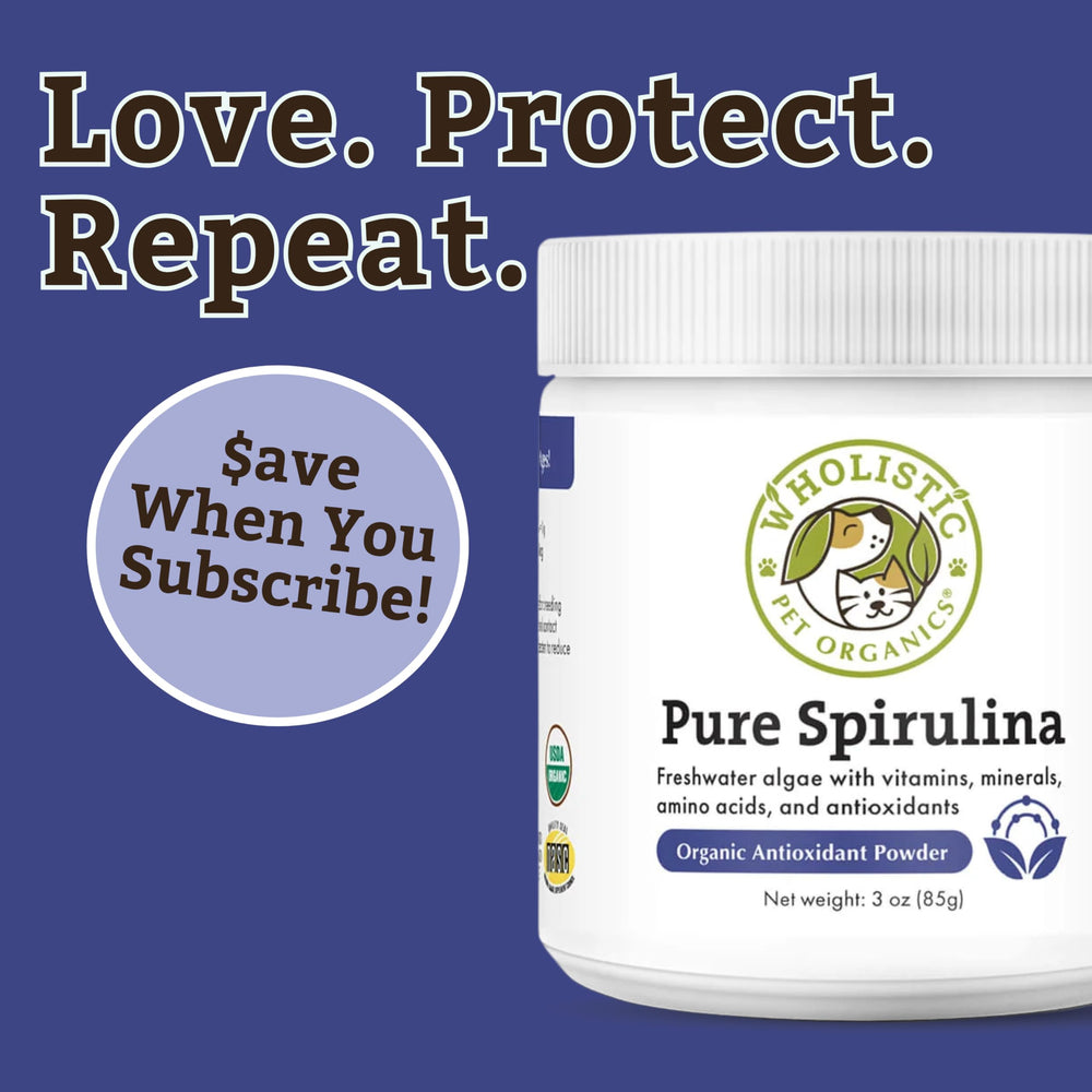 Wholistic Pet Organics spirulina powder label notes human-grade quality and NASC seal.