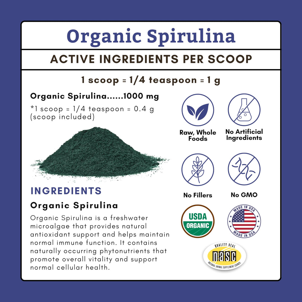 Wholistic Pet Organics spirulina powder measuring scoop illustrating easy daily mixing.