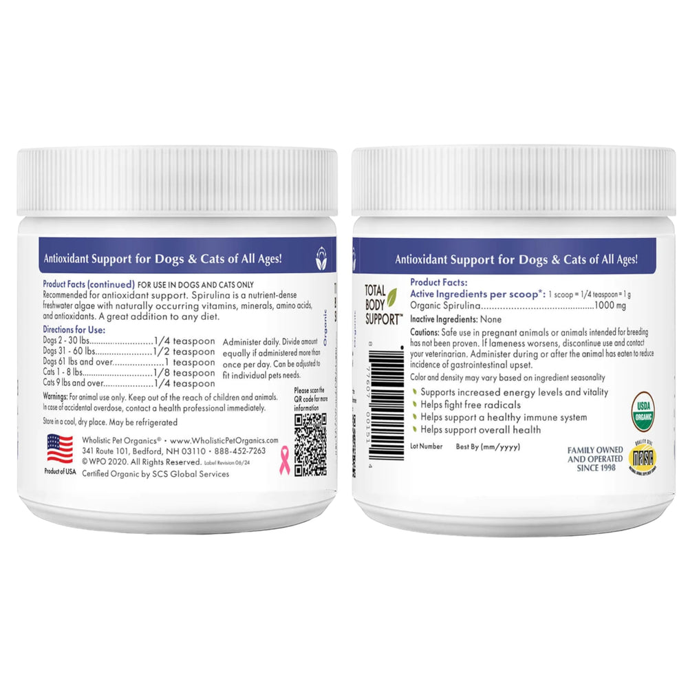 Wholistic Pet Organics spirulina powder hand scoop showing simple pet dietary boost.