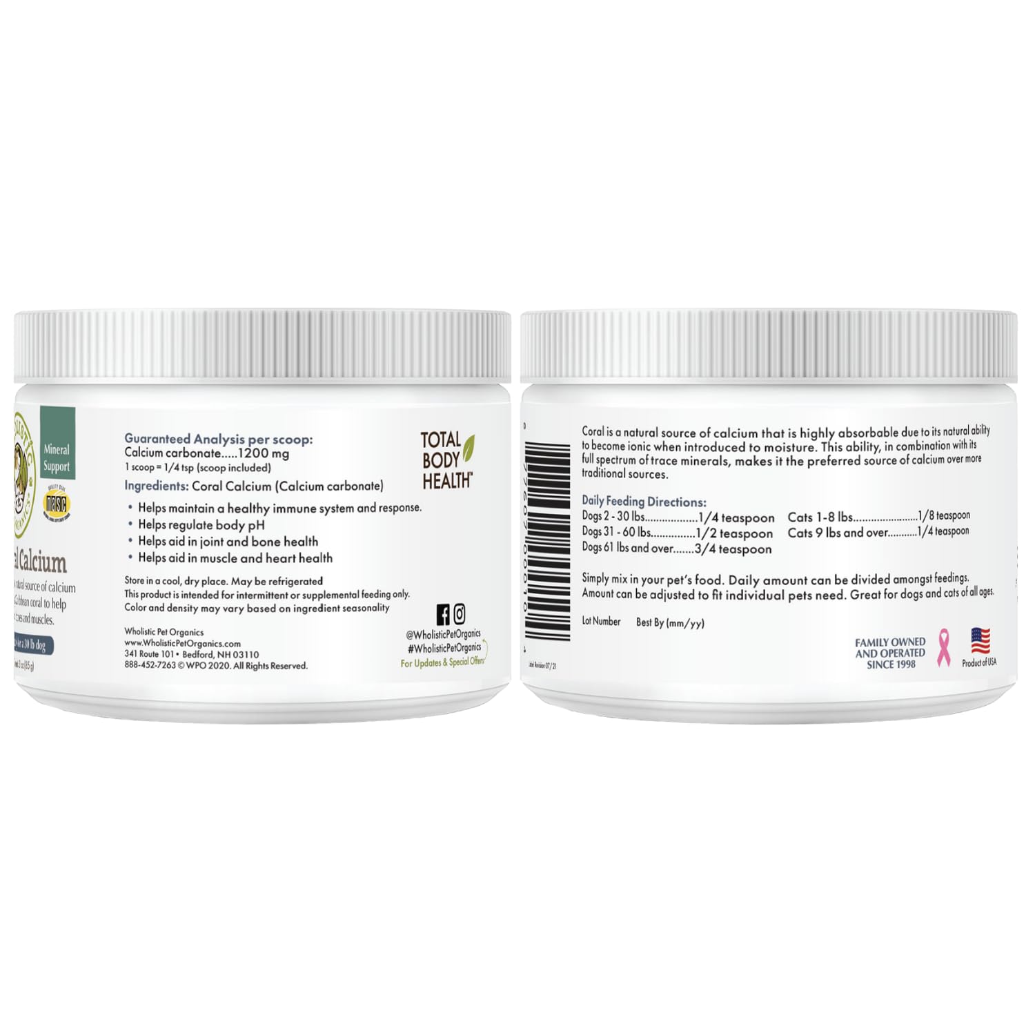 Wholistic Pet Organics USA-made calcium powder produced in-house for quality.