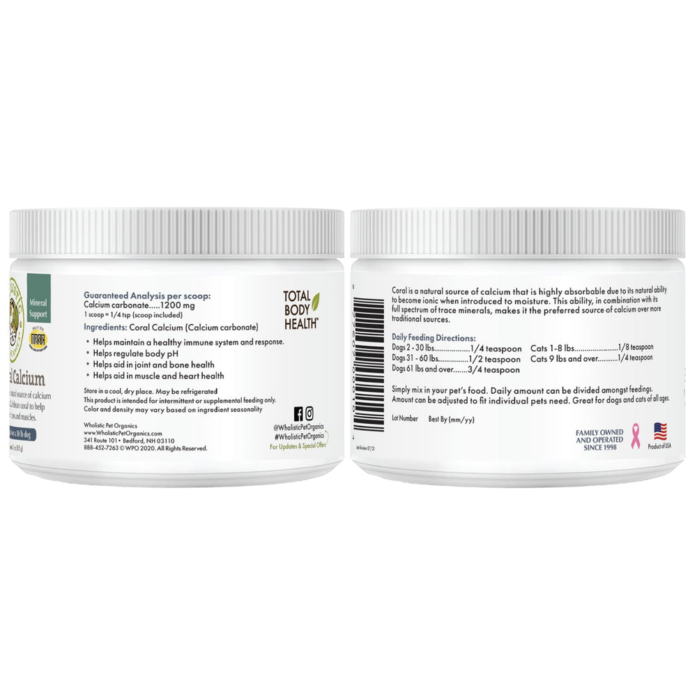 Wholistic Pet Organics USA-made calcium powder produced in-house for quality.