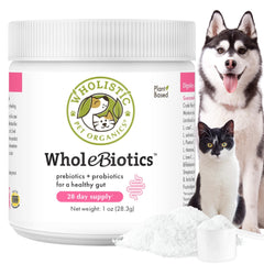 Wholistic Pet Organics WholeBiotics daily probiotic bottle supports digestive health.