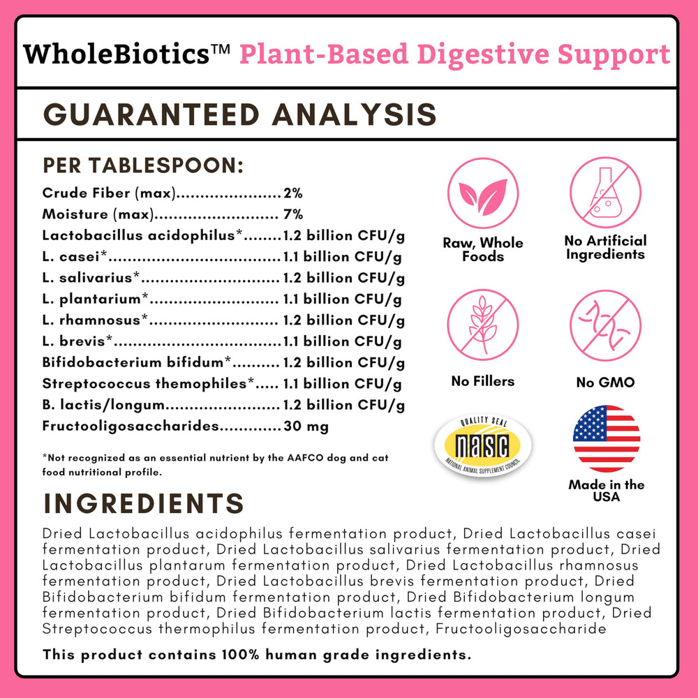 Ingredients list highlights natural, gut-friendly probiotic strains.