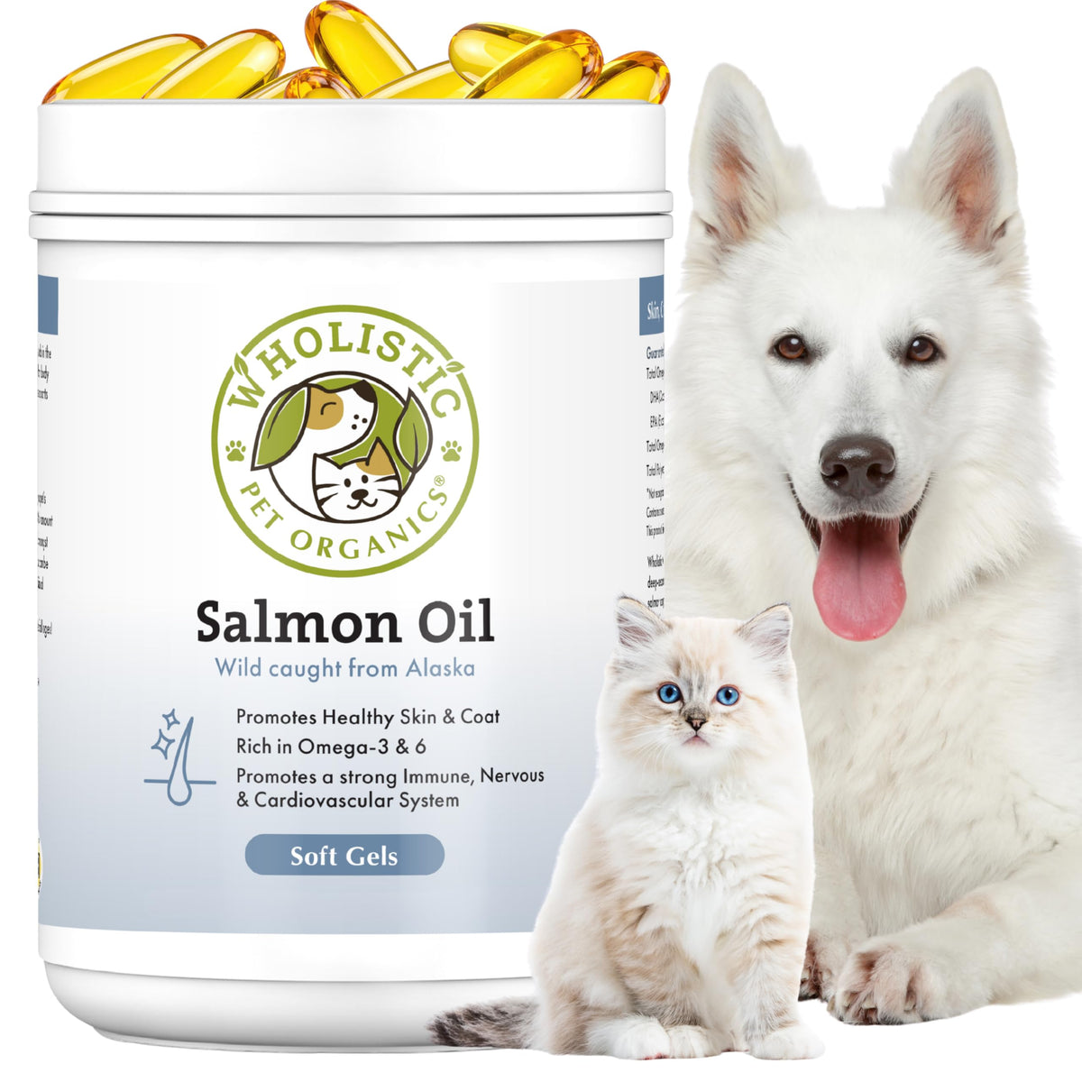Wholistic Pet Organics salmon oil bottle being poured for dogs and cats, supporting skin health.