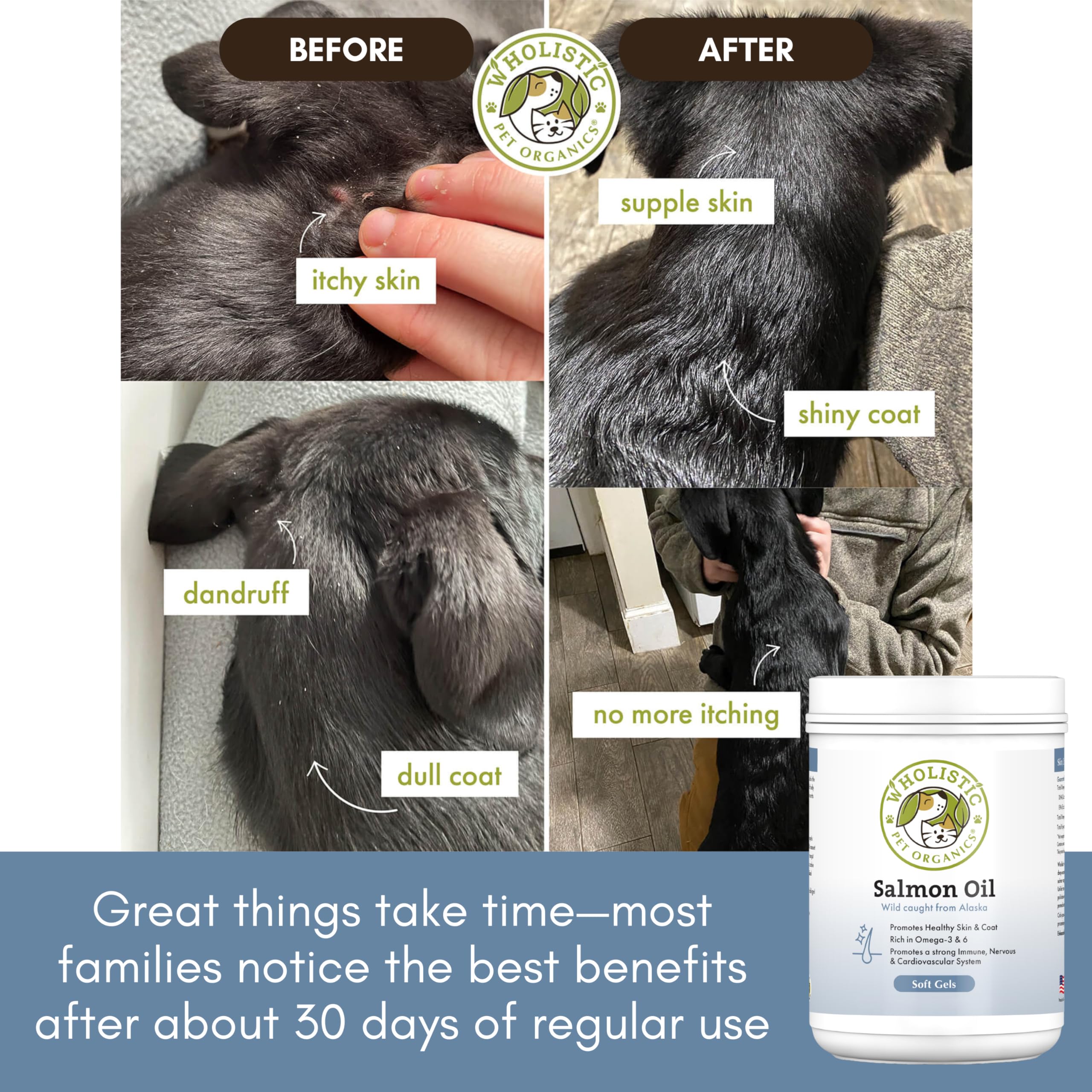 Wholistic Pet Organics salmon oil for cats helps calm itchy skin.
