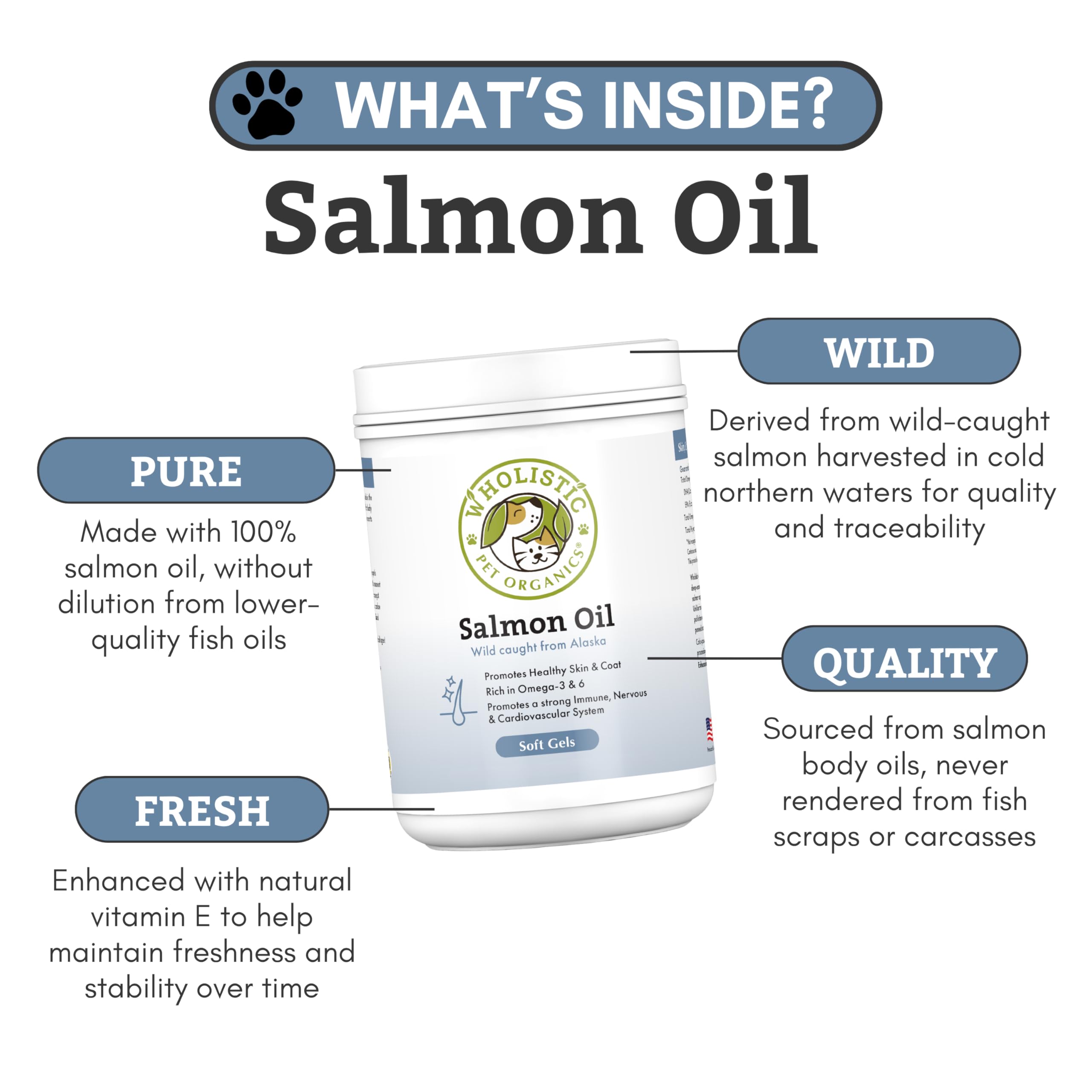 Wholistic Pet Organics salmon oil boosts a dog's coat shine with daily dosing.
