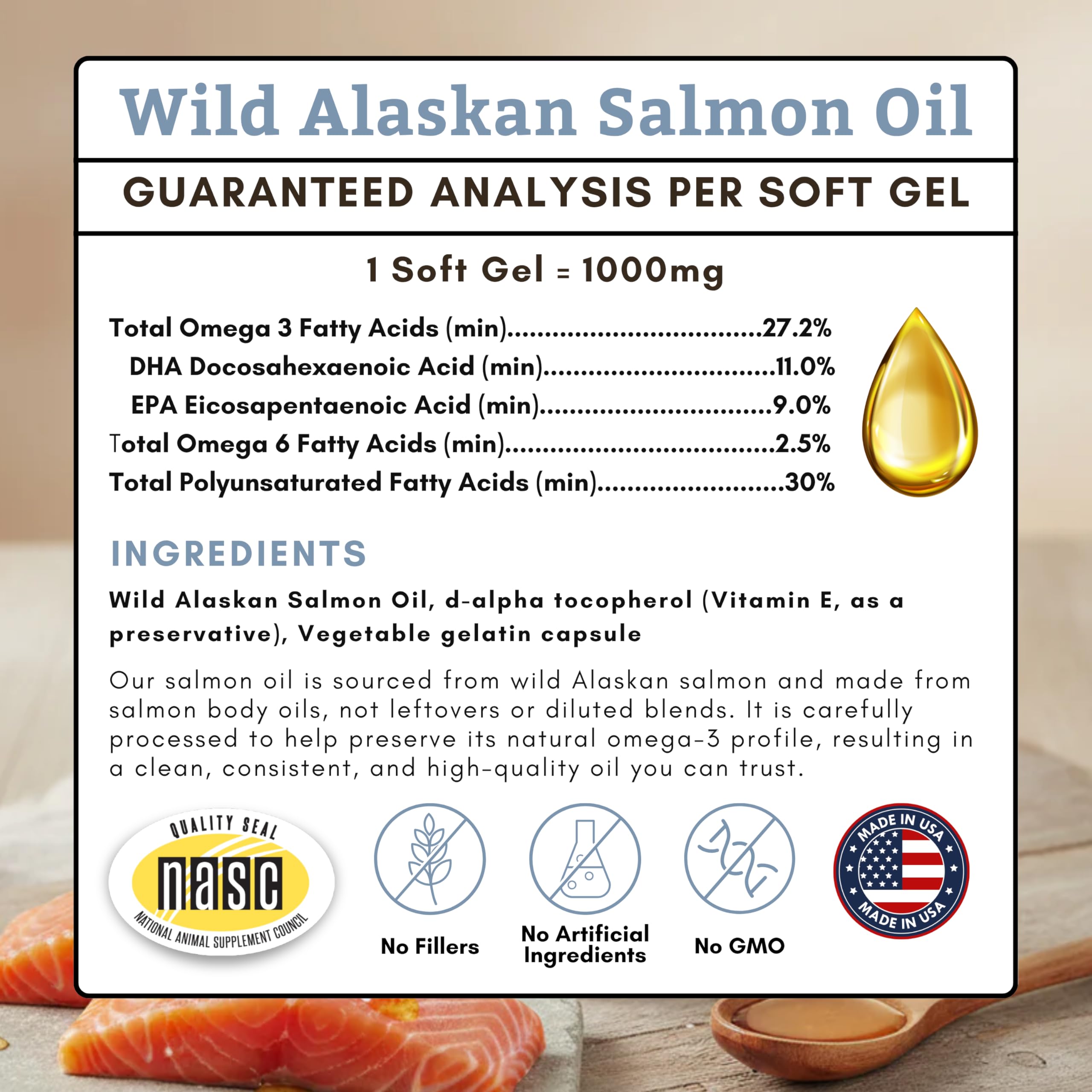 Wholistic Pet Organics omega-3 label shows EPA and DHA content.