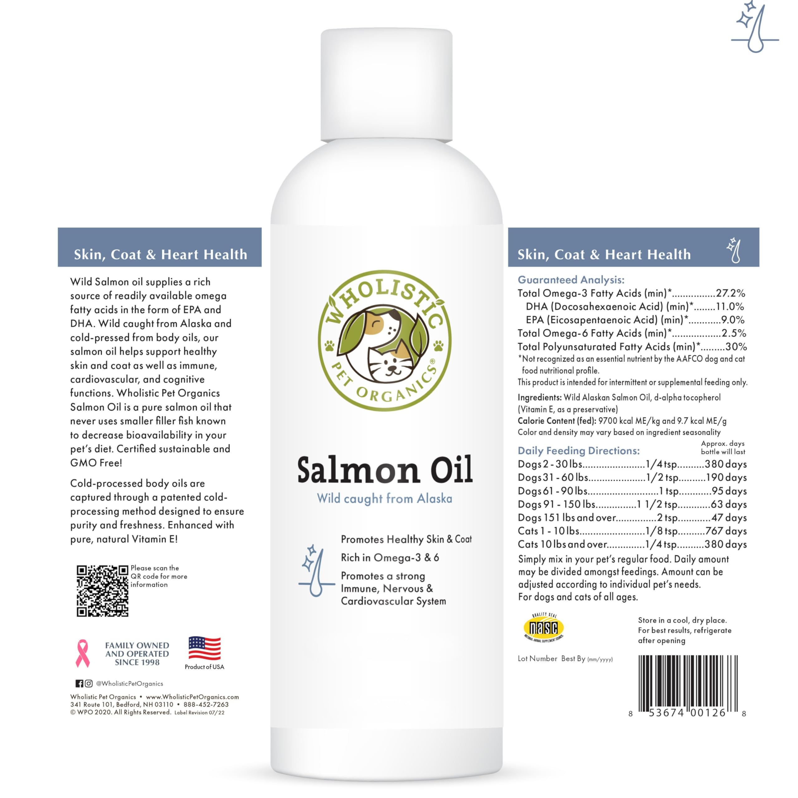 Wholistic Pet Organics salmon oil contains essential fatty acids with no fillers