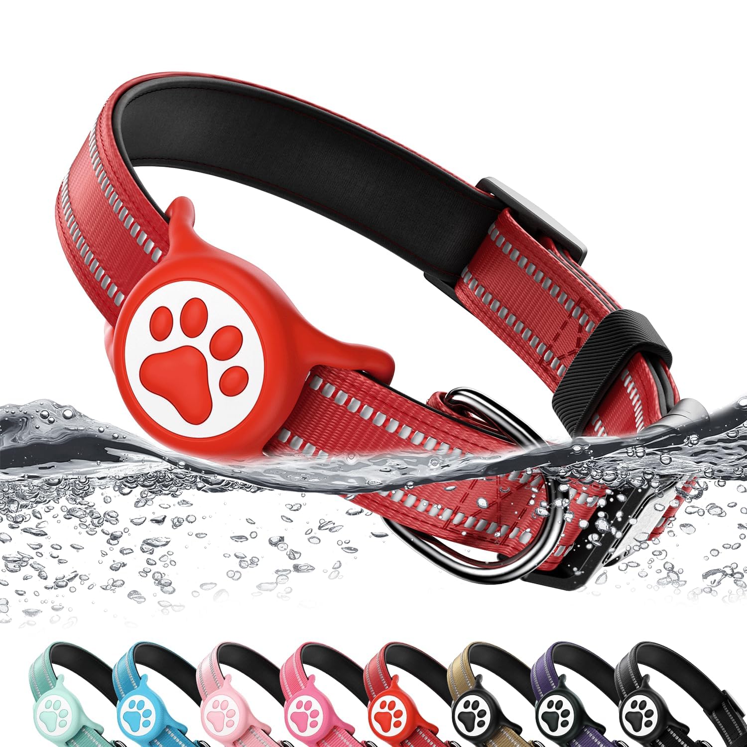 WhoseID AirTag collar in red XS with padded nylon for comfort and security.