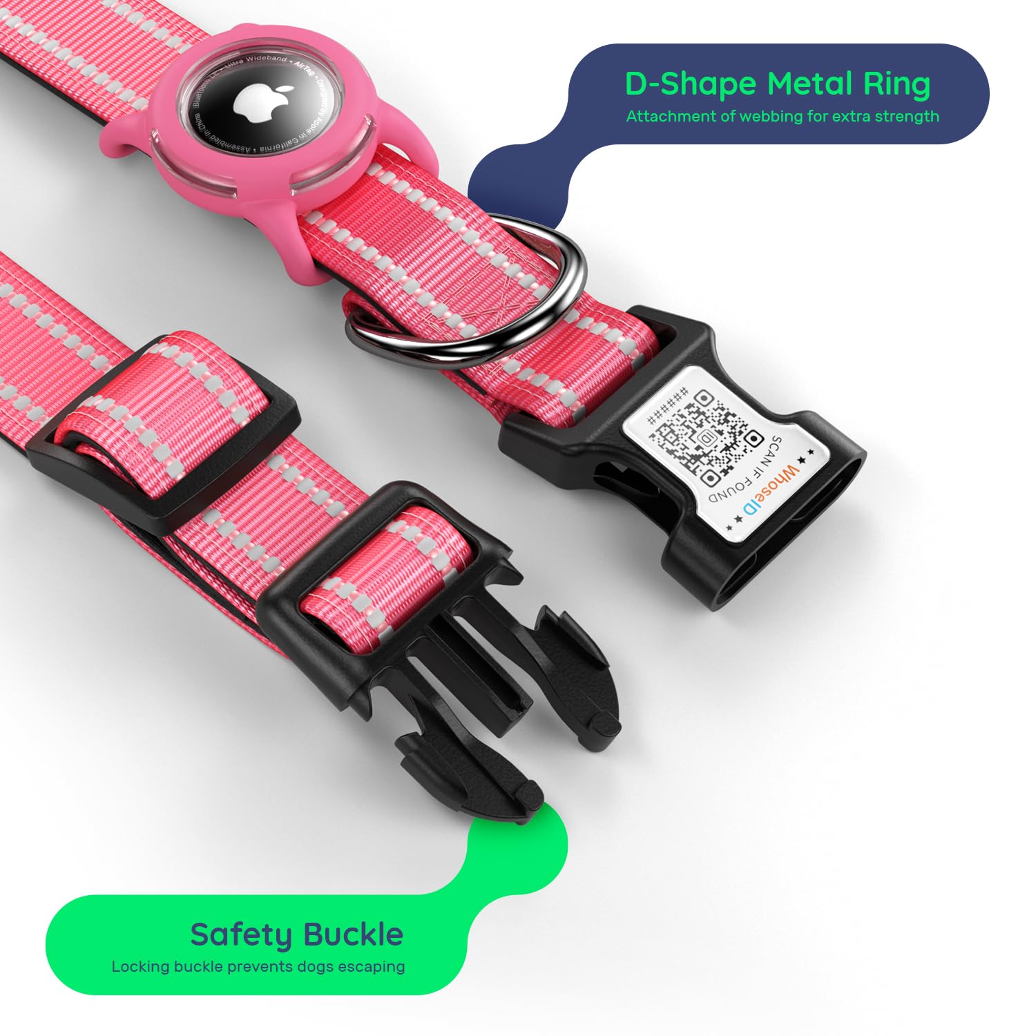 WhoseID collar featuring high-reflective stitching for safety at dawn or dusk