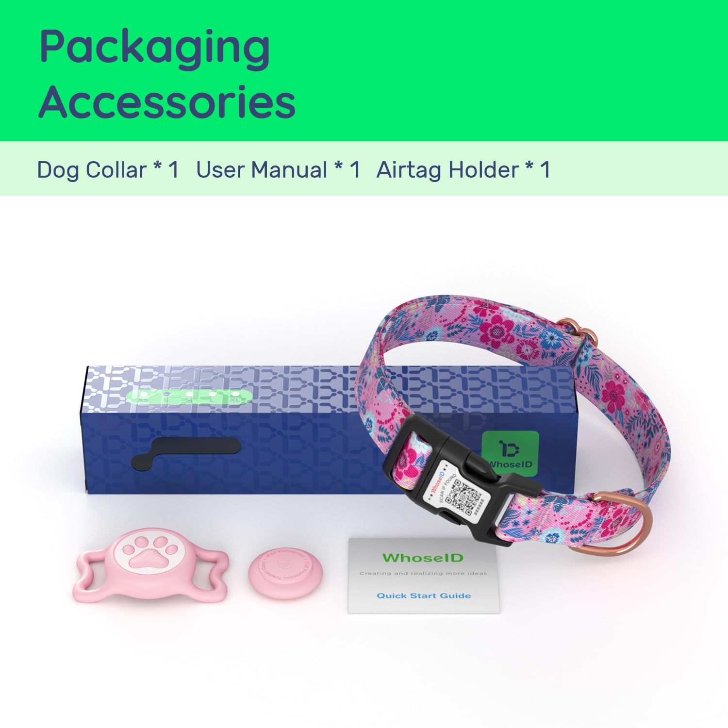 WhoseID size-range collar fits small to large dogs for quick adjustments