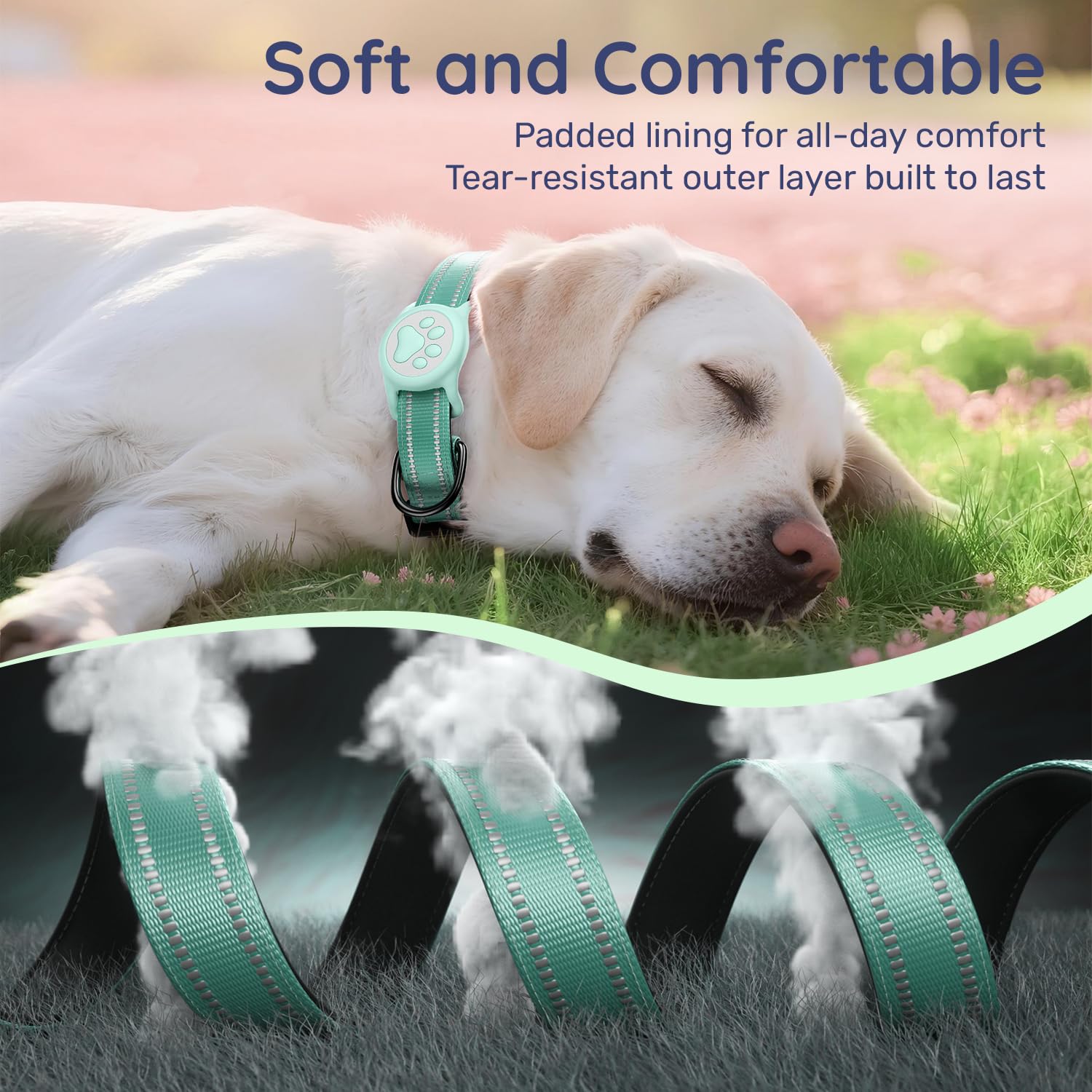 WhoseID neoprene padding on green AirTag collar for comfort