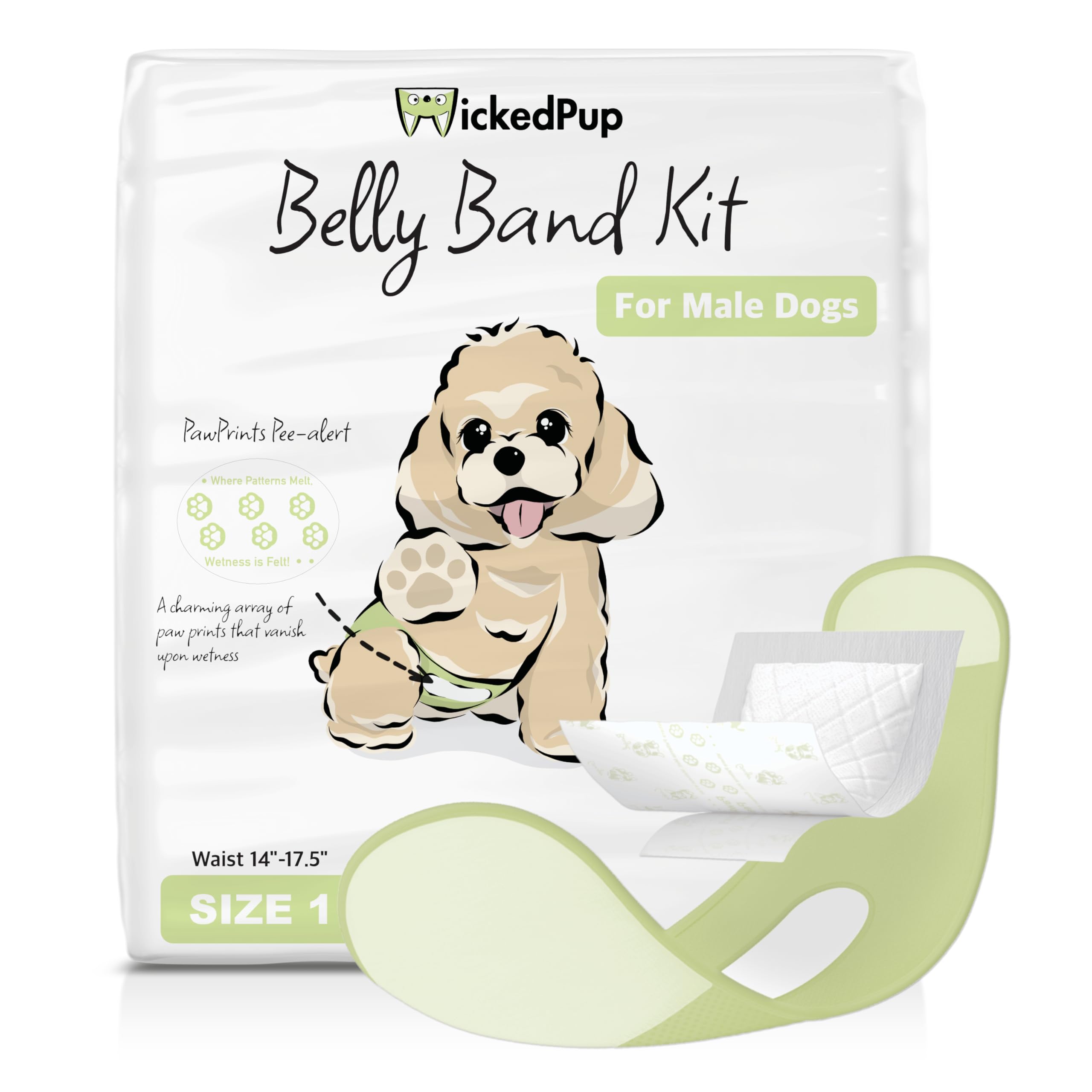 WICKEDPUP belly band kit packaging demonstrates easy setup for caregivers.