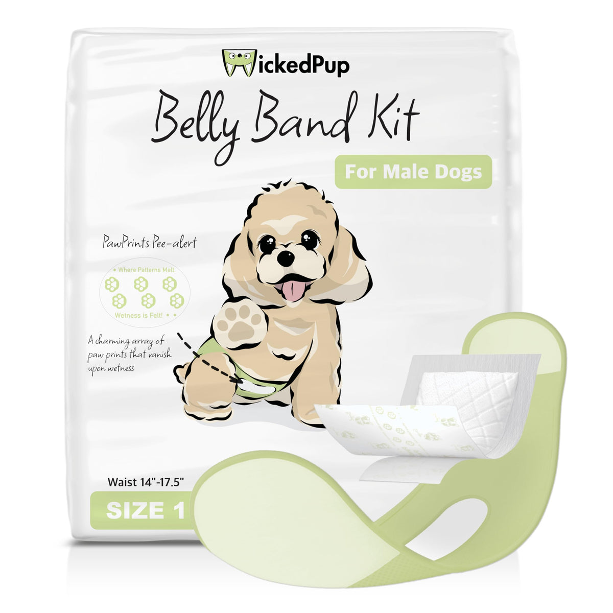 WICKEDPUP belly band kit packaging demonstrates easy setup for caregivers.