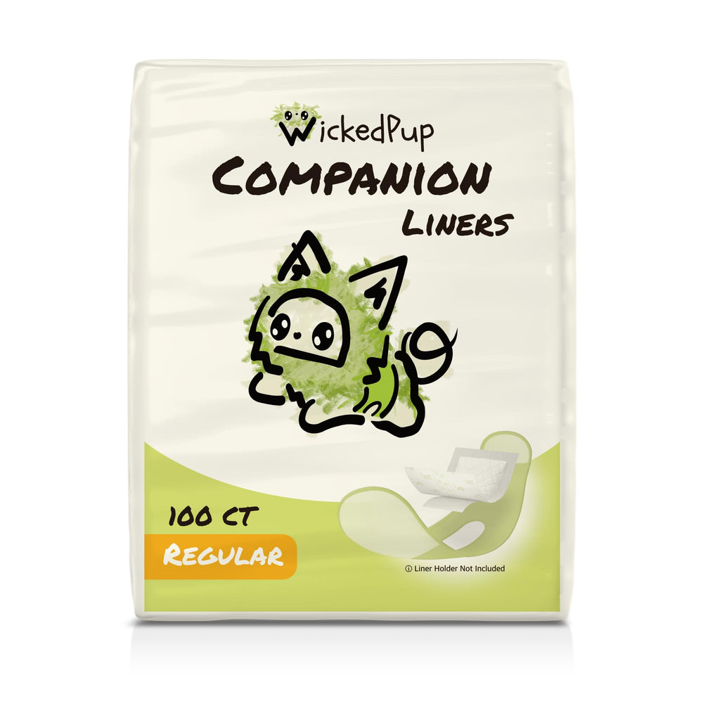 WICKEDPUP diaper liners 100ct packaging for quick changes.
