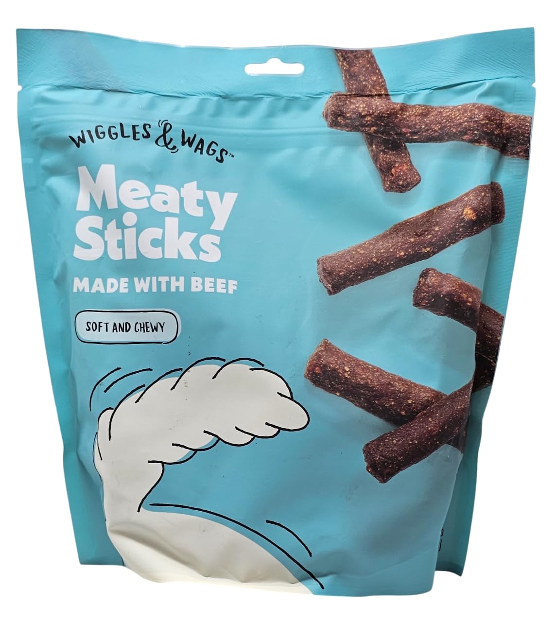 Wiggles & Wags Beef Meaty Sticks in a resealable bag for fresh rewards.