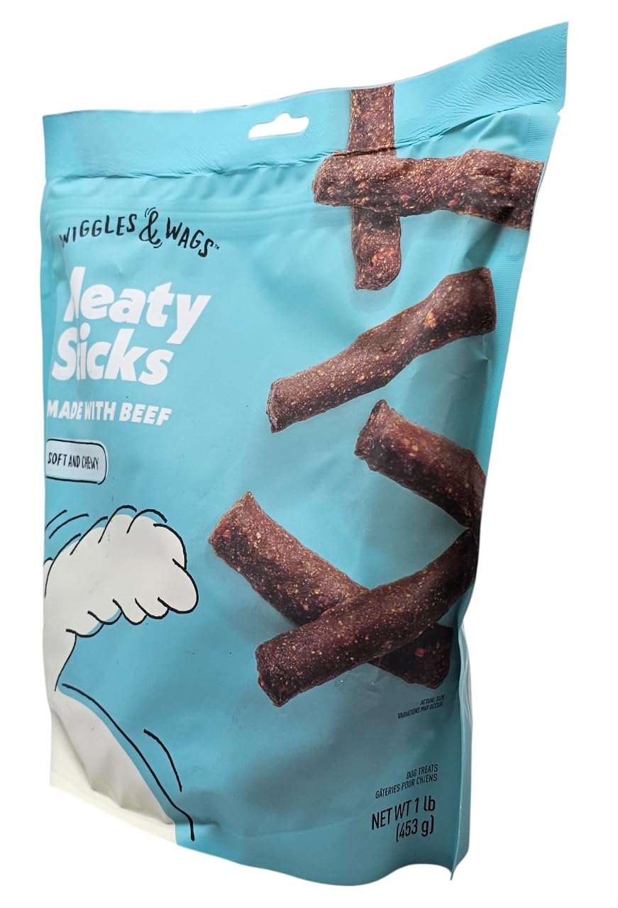 Wiggles & Wags Beef Meaty Sticks close-up shows soft chewy texture for training bites.