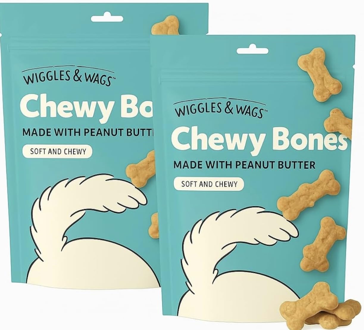 Wiggles & Wags Chewy Bones peanut butter packaging view, preserves freshness for quick rewards.