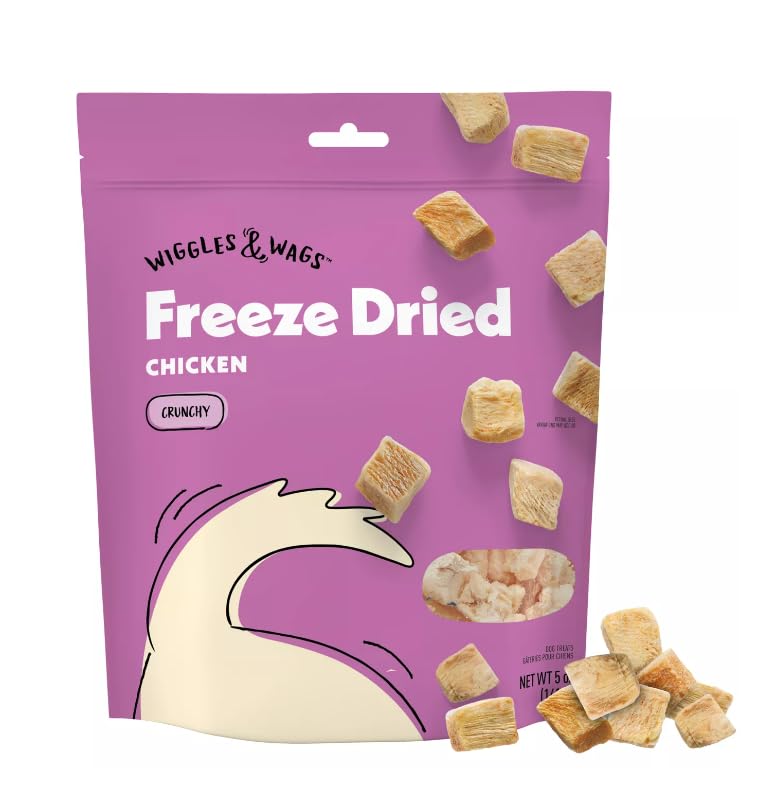 Wiggles & Wags freeze-dried chicken treat front packaging for quick rewards