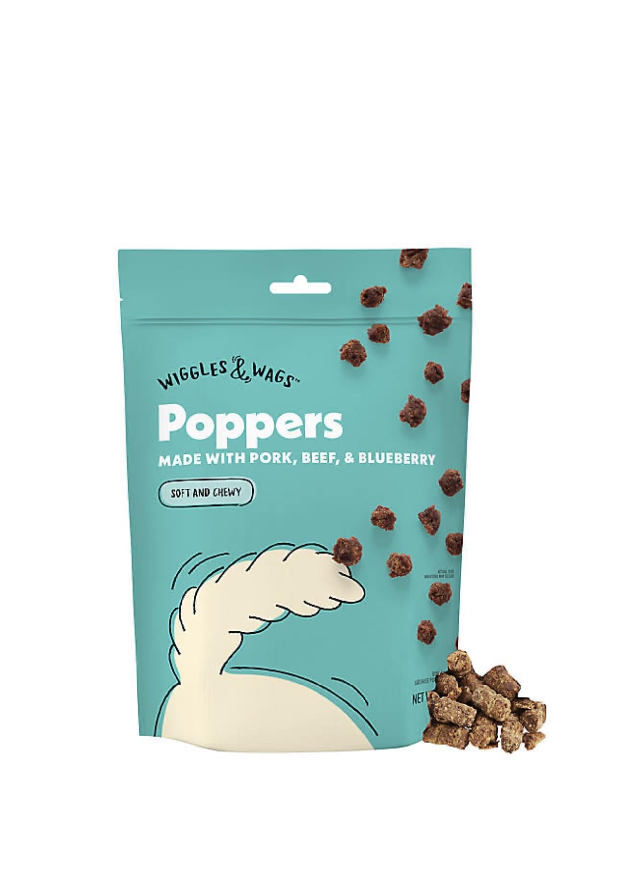 Wiggles & Wags Poppers bag with pork, beef and blueberry flavor, ideal for training rewards.