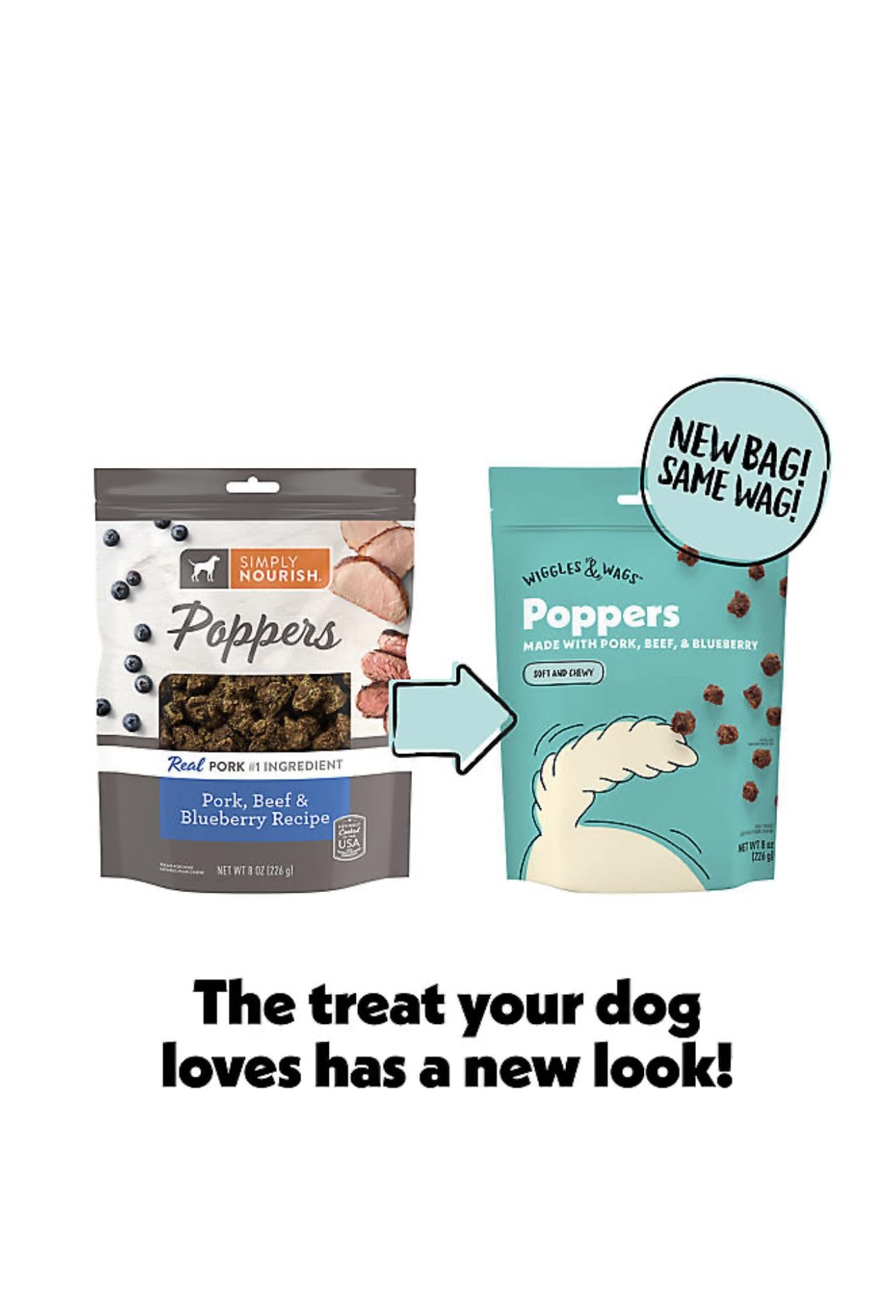 Closeup of Wiggles & Wags Poppers soft, chewy texture for easy feeding.