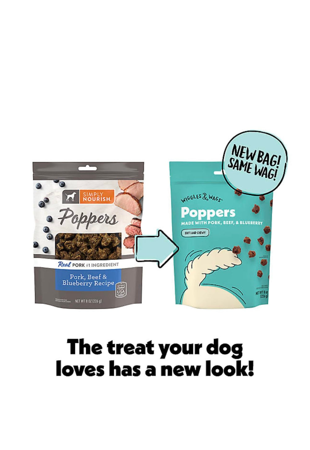 Closeup of Wiggles & Wags Poppers soft, chewy texture for easy feeding.