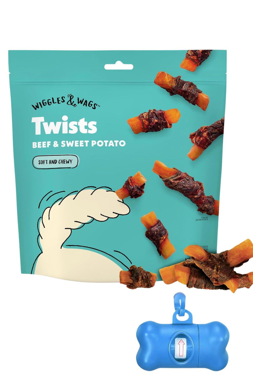 Wiggles & Wags Twists bag with real beef and sweet potato for a tasty grain free treat
