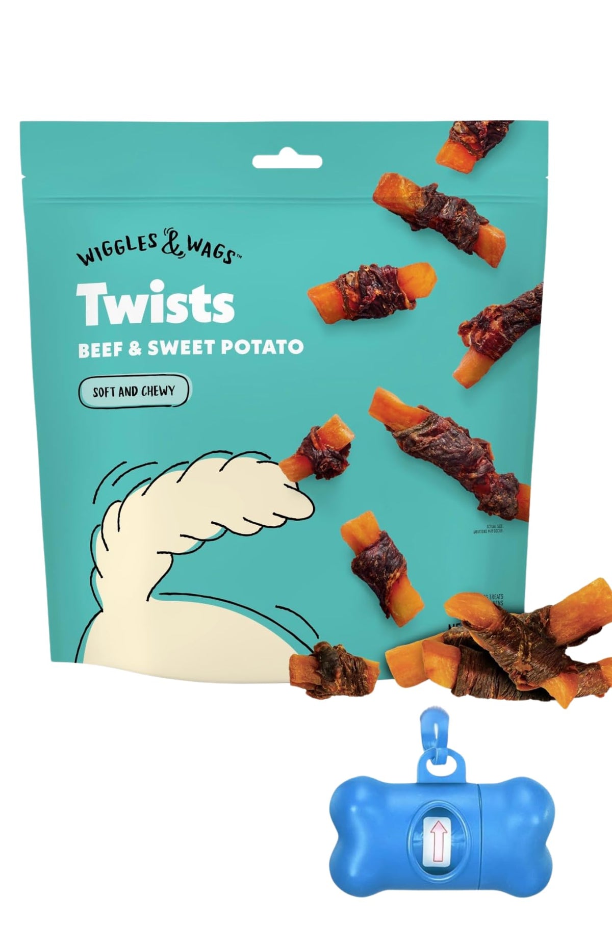 Wiggles & Wags Twists bag with real beef and sweet potato for a tasty grain free treat
