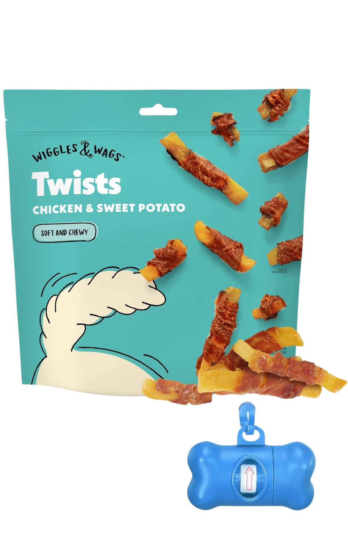 Wiggles & Wags Twists dog treats in chicken and sweet potato for tasty rewards.