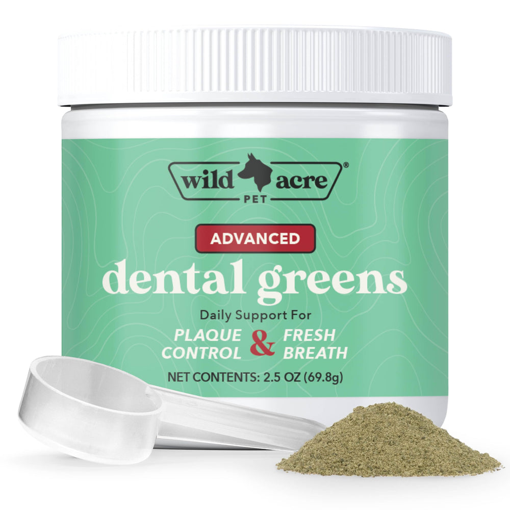 Wild Acre dental powder sprinkled on dog food for fresh breath and oral care.