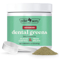 Wild Acre dental powder sprinkled on dog food for fresh breath and oral care.