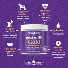 Picky pup enjoys Wild Acre Goat Milk Powder due to tasty, natural formula.