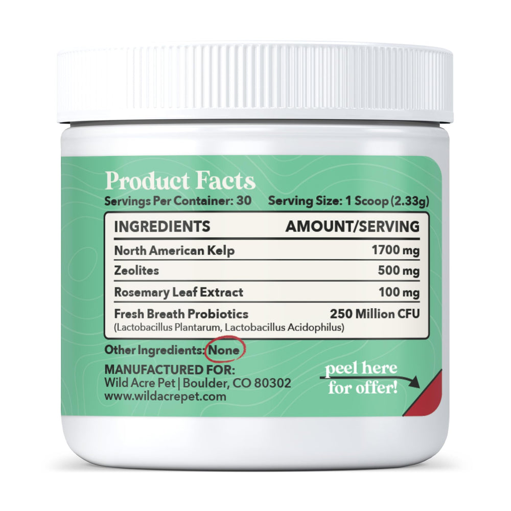 Probiotics powder texture emphasizing gut and oral balance for dogs.