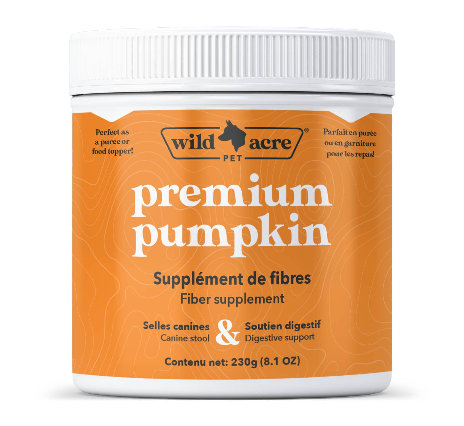 Wild Acre pumpkin powder bottle beside a dog's meal, supports digestion.