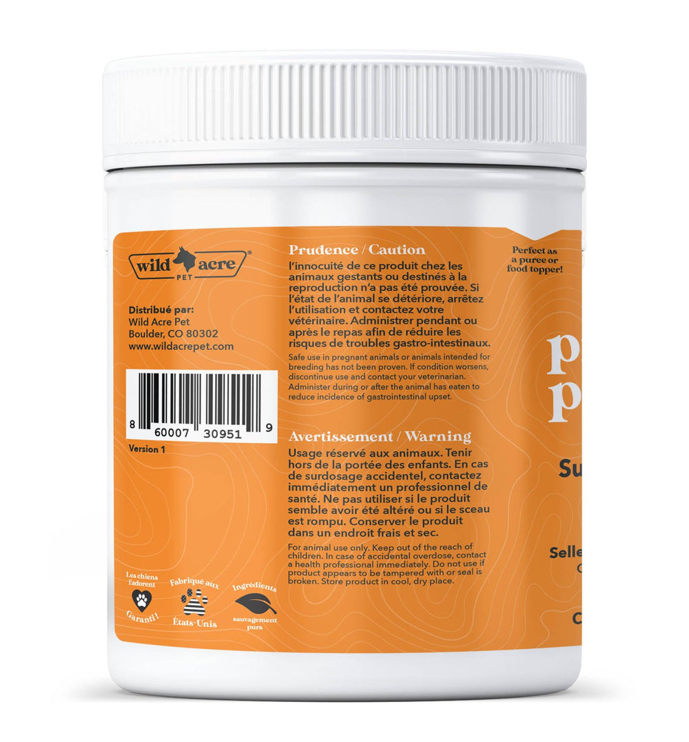 Wild Acre pumpkin powder sprinkled on dog meals for fiber and flavor