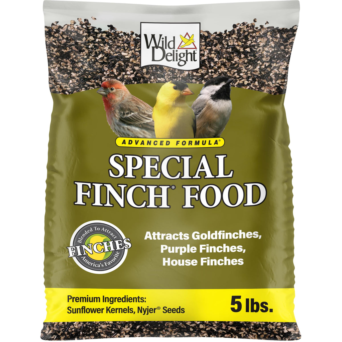 Wild Delight Advanced Formula Special Finch Food bag label attracts finches and small songbirds.