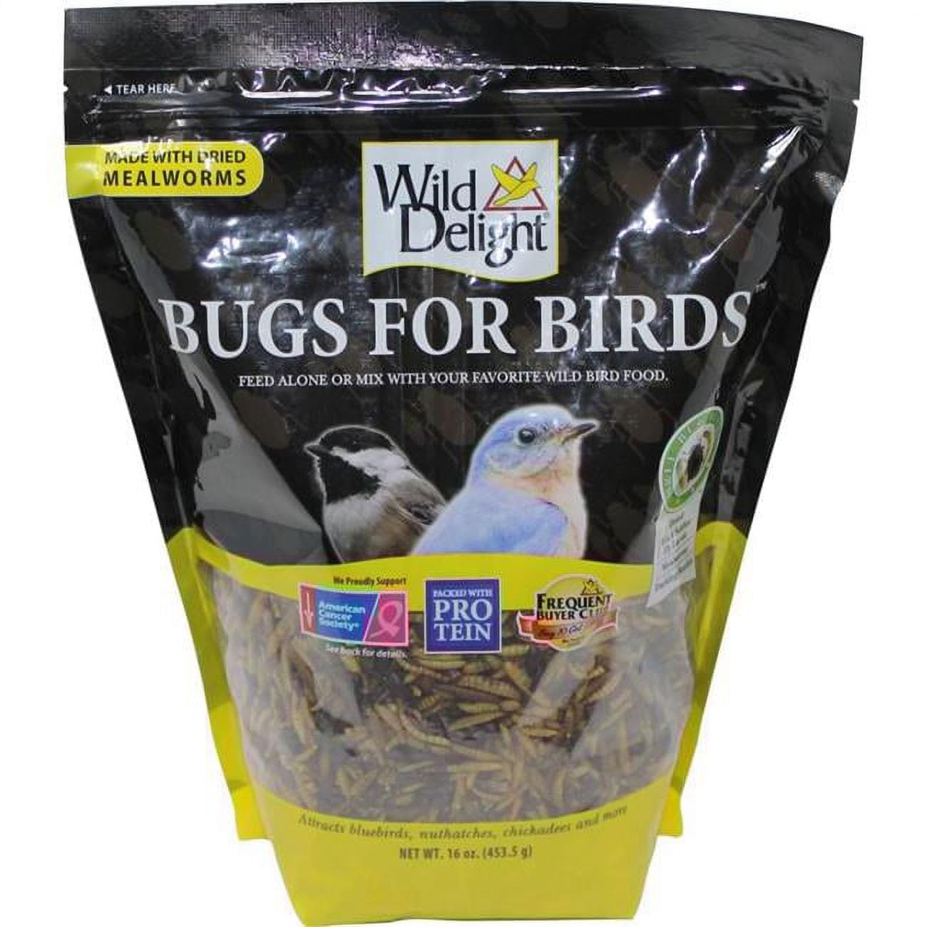 Wild Delight Bugs for Birds 16oz bag showcases a protein-rich blend for active wild birds.