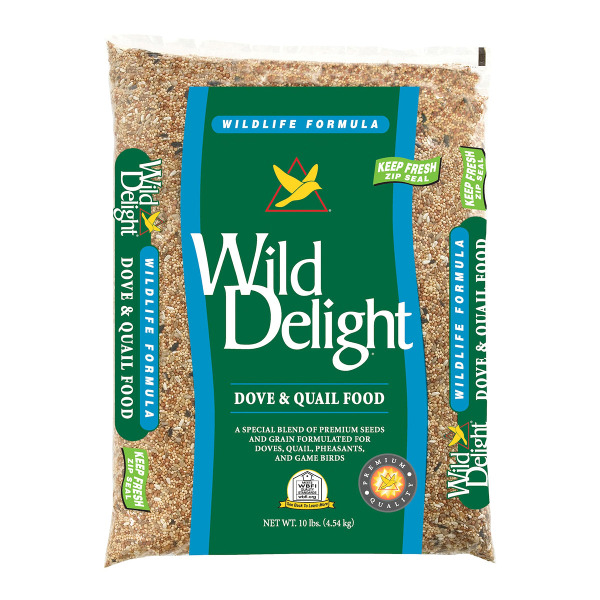 Wild Delight Dove & Quail Food 10 lb bag displayed for birds.