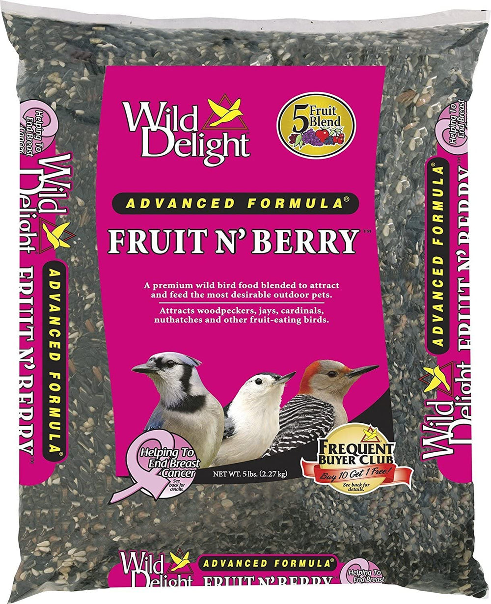 Wild Delight Fruit N Berry Bird Food 5lb bag attracts songbirds with a fruity blend.