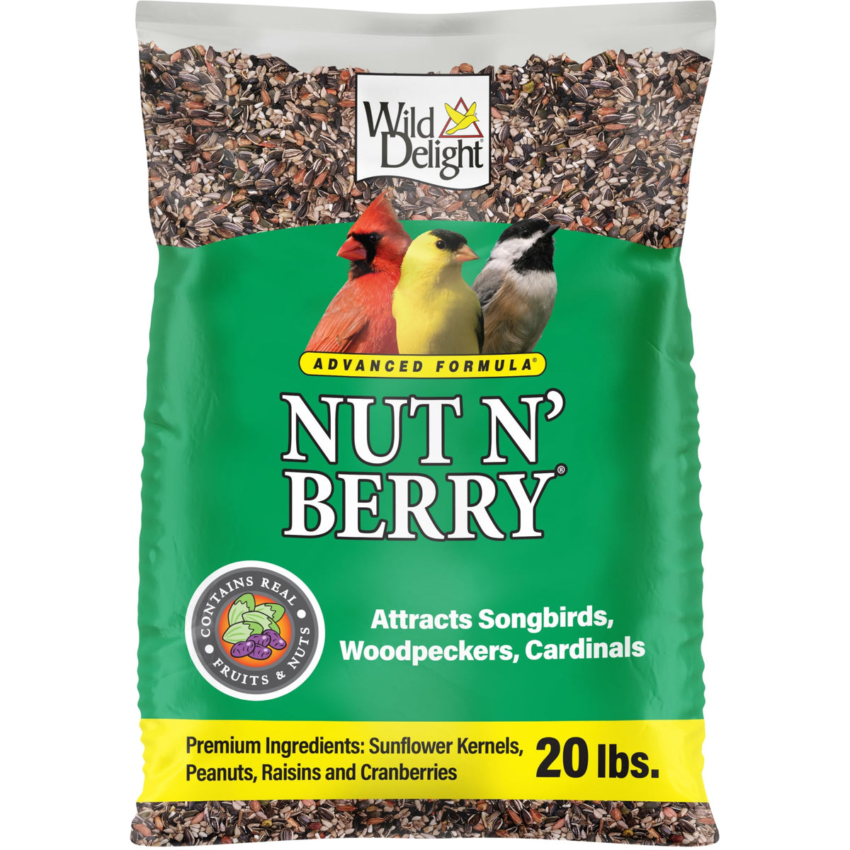 Wild Delight Nut N' Berry birdfood bag showing premium blend for backyard birds