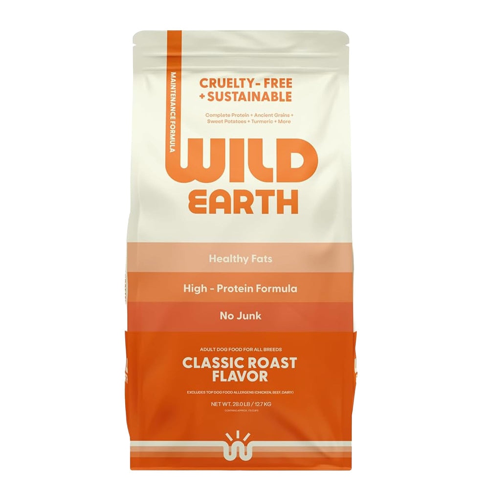 Wild Earth Classic Roast vegan dry dog food bag front highlights complete nutrition.