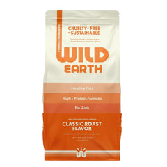 Wild Earth Classic Roast vegan dry dog food bag front highlights complete nutrition.