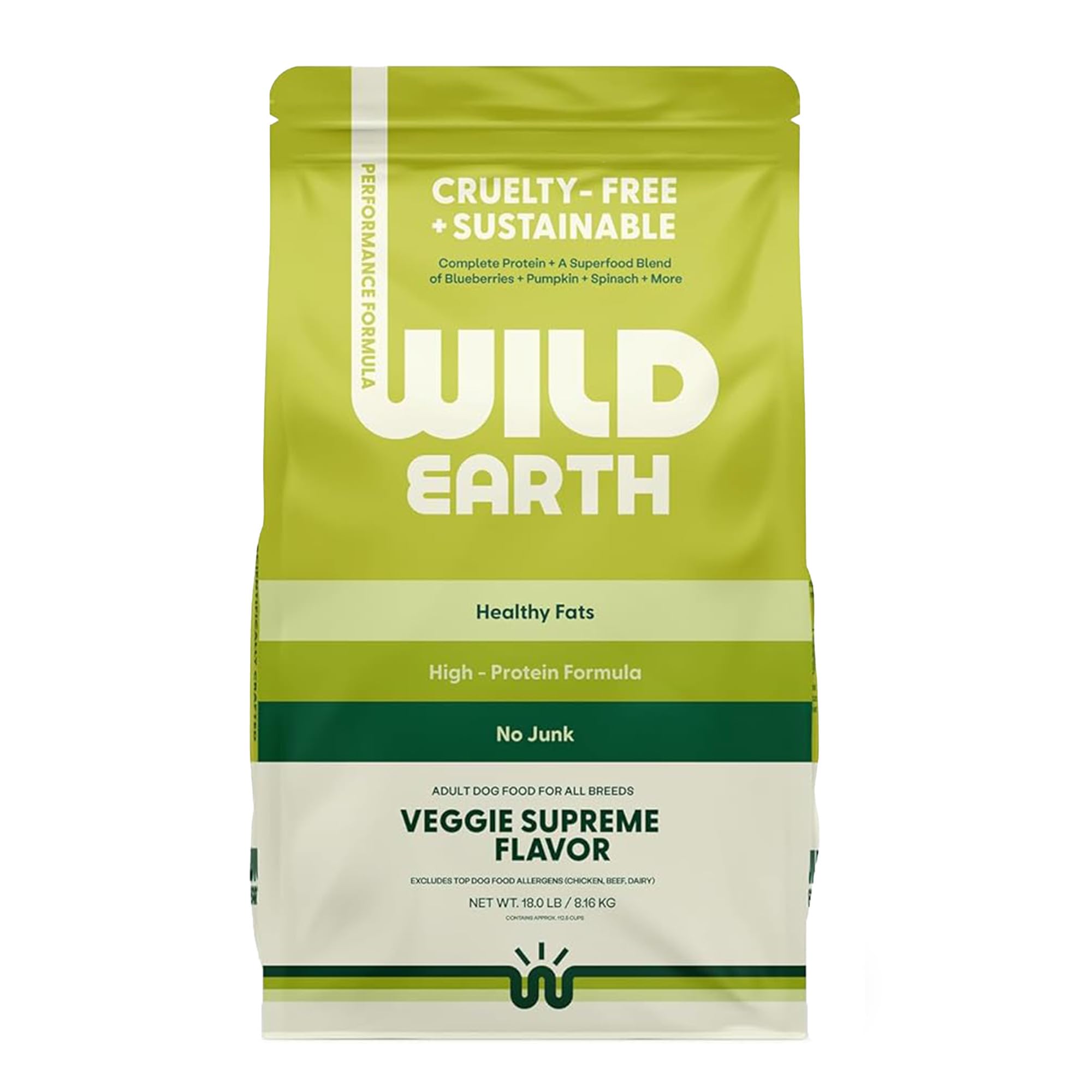 Wild Earth vegan dry dog food performance bag front shows plant-based protein focus for active dogs