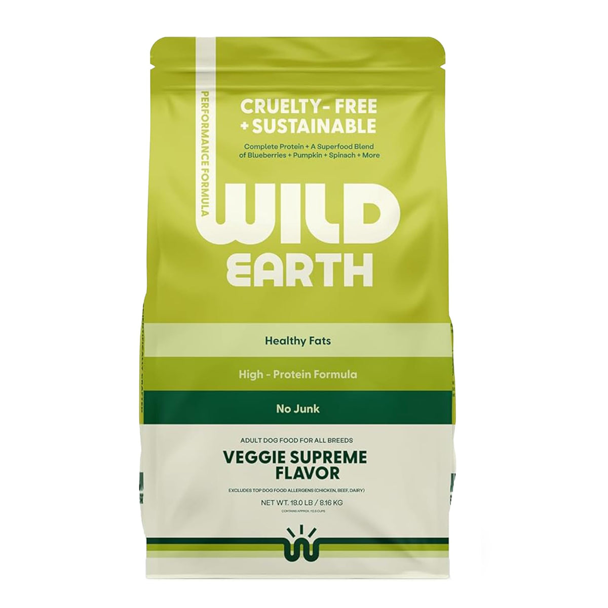 Wild Earth vegan dry dog food performance bag front shows plant-based protein focus for active dogs