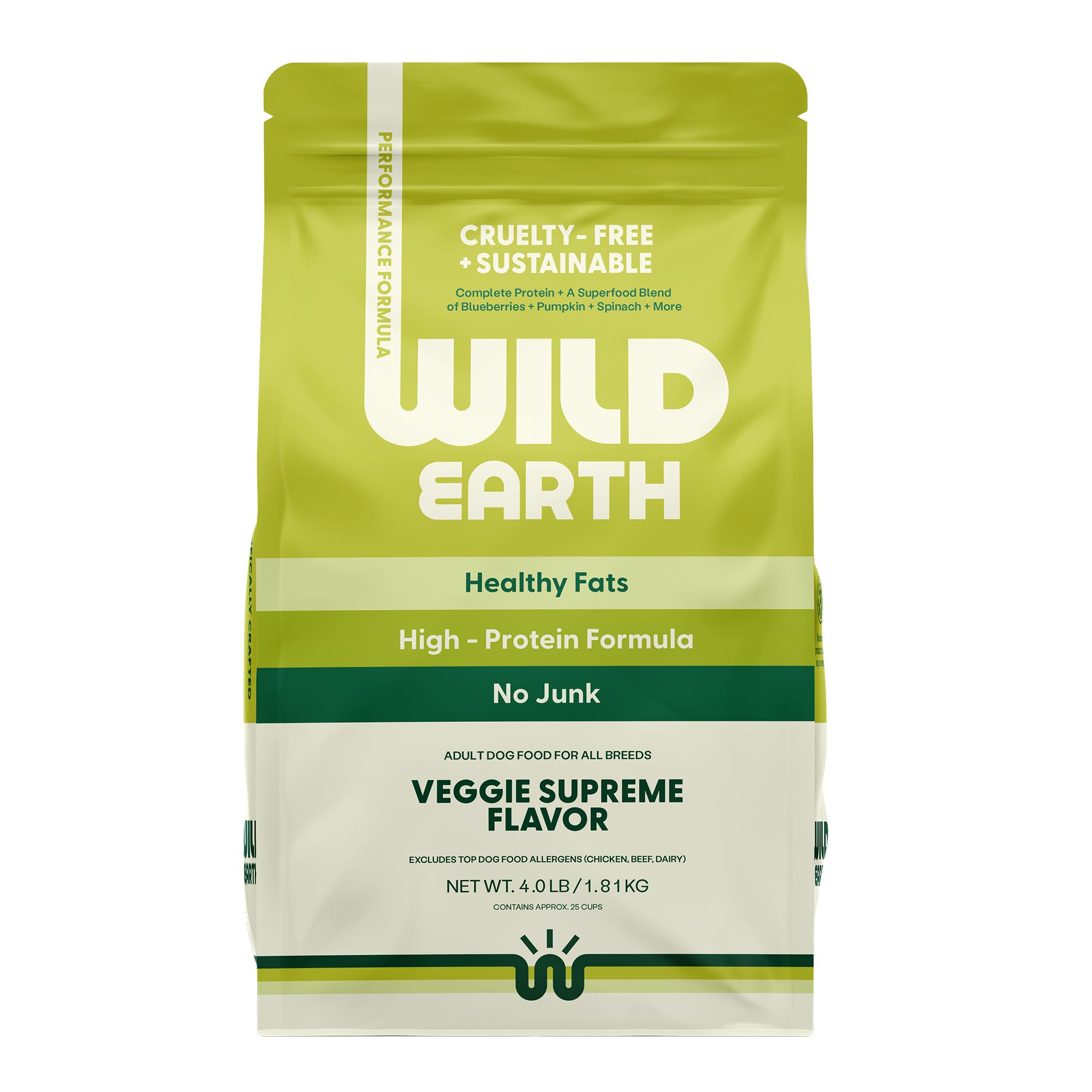 Wild Earth vegan dry dog food bag front highlighting plant-based nutrition for active dogs.