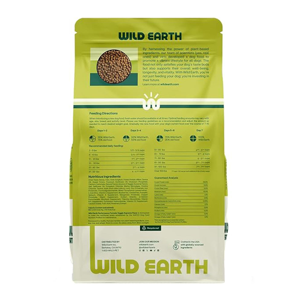 Wild Earth kibble closeup showing 28% protein for energetic dogs.