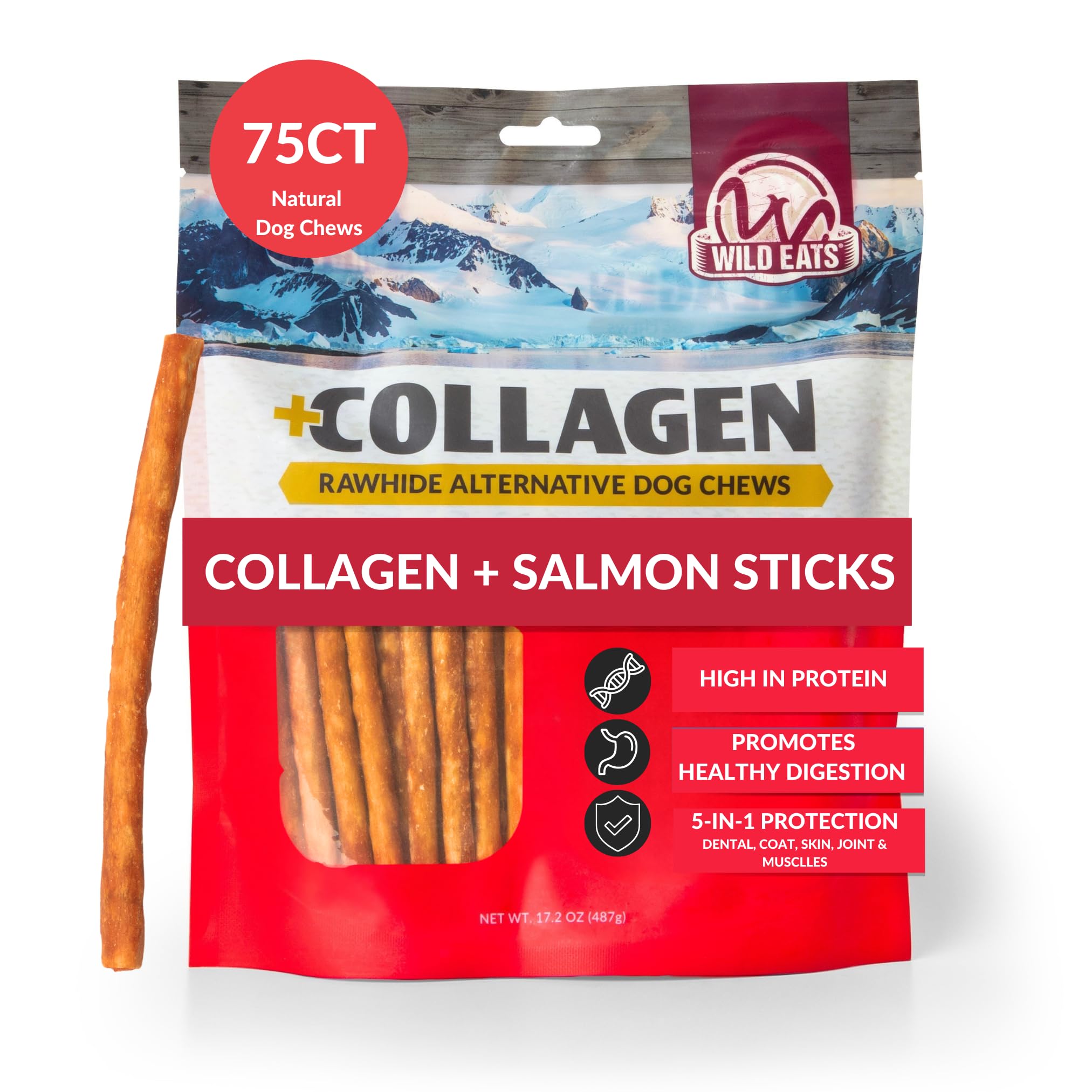 Wild Eats Salmon Collagen Stick pack for dogs promotes long-lasting chew enjoyment